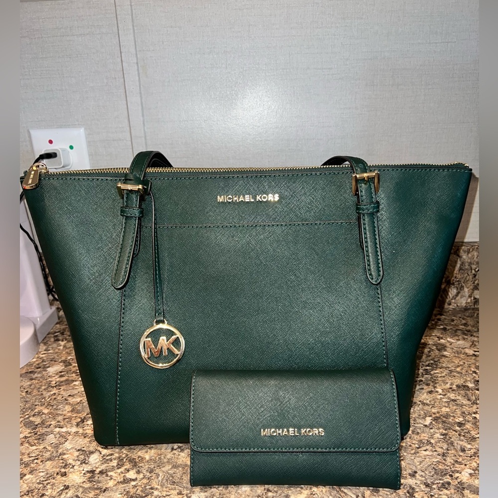 Michael Kors Leather Top-Zip Tote Bag & Wallet Set - Racing Green